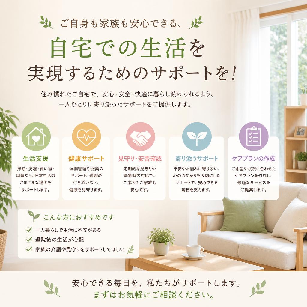ご自身も家族も安心できる、自宅での生活を実現するためのサポートを！