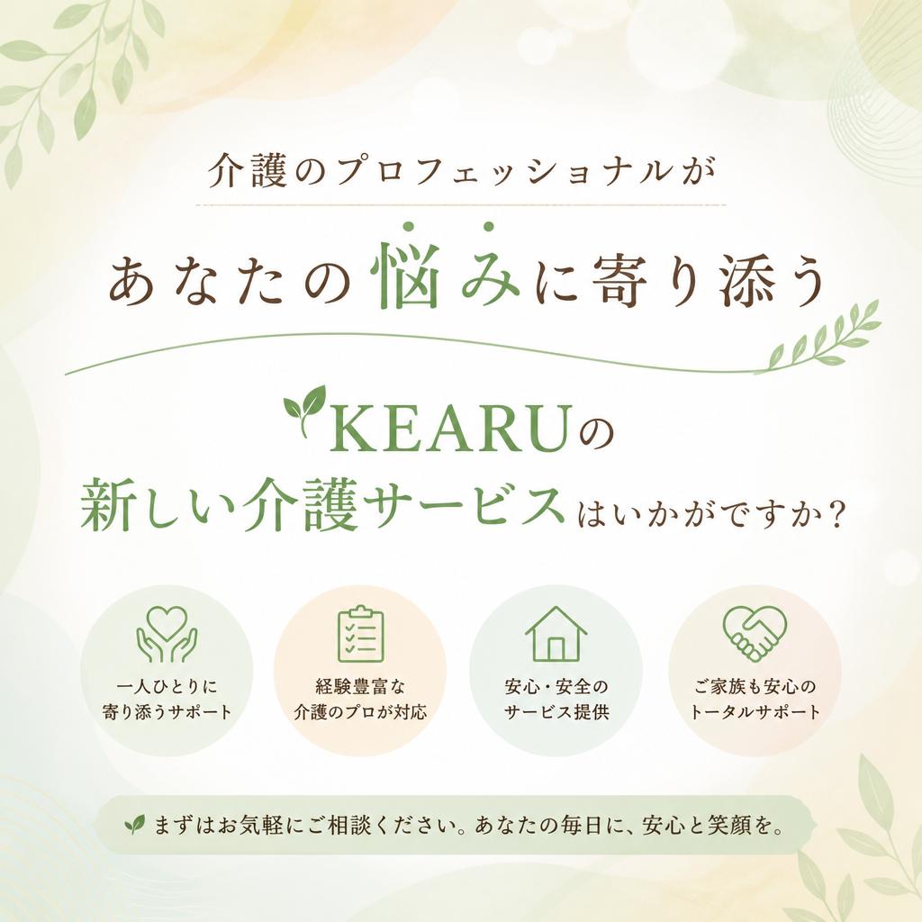 介護のプロフェッショナルがあなたの悩みに寄り添う、KEARUの新しい介護サービスはいかがですか？